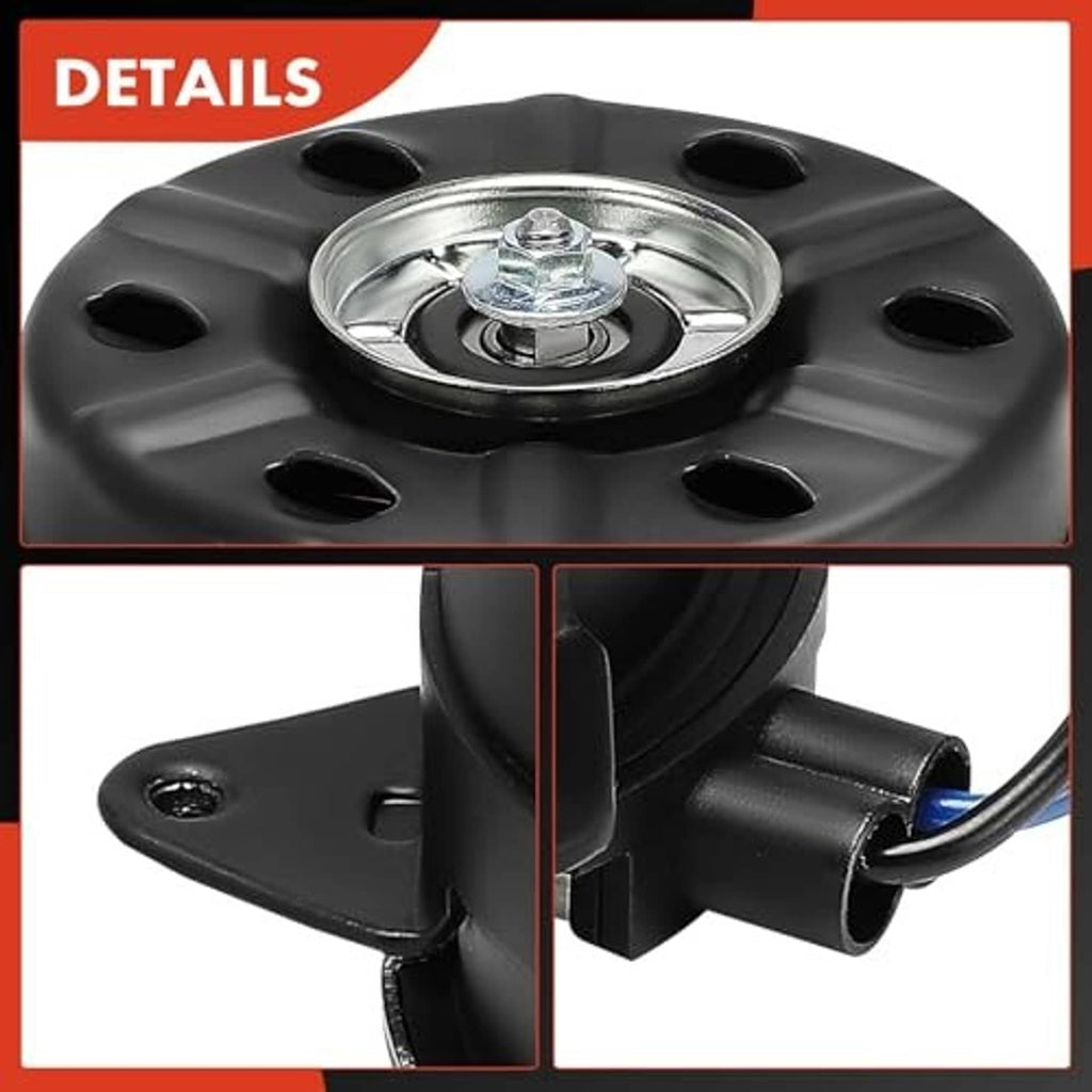 Radiator fan motor close-up with round vented top and blue wire connector