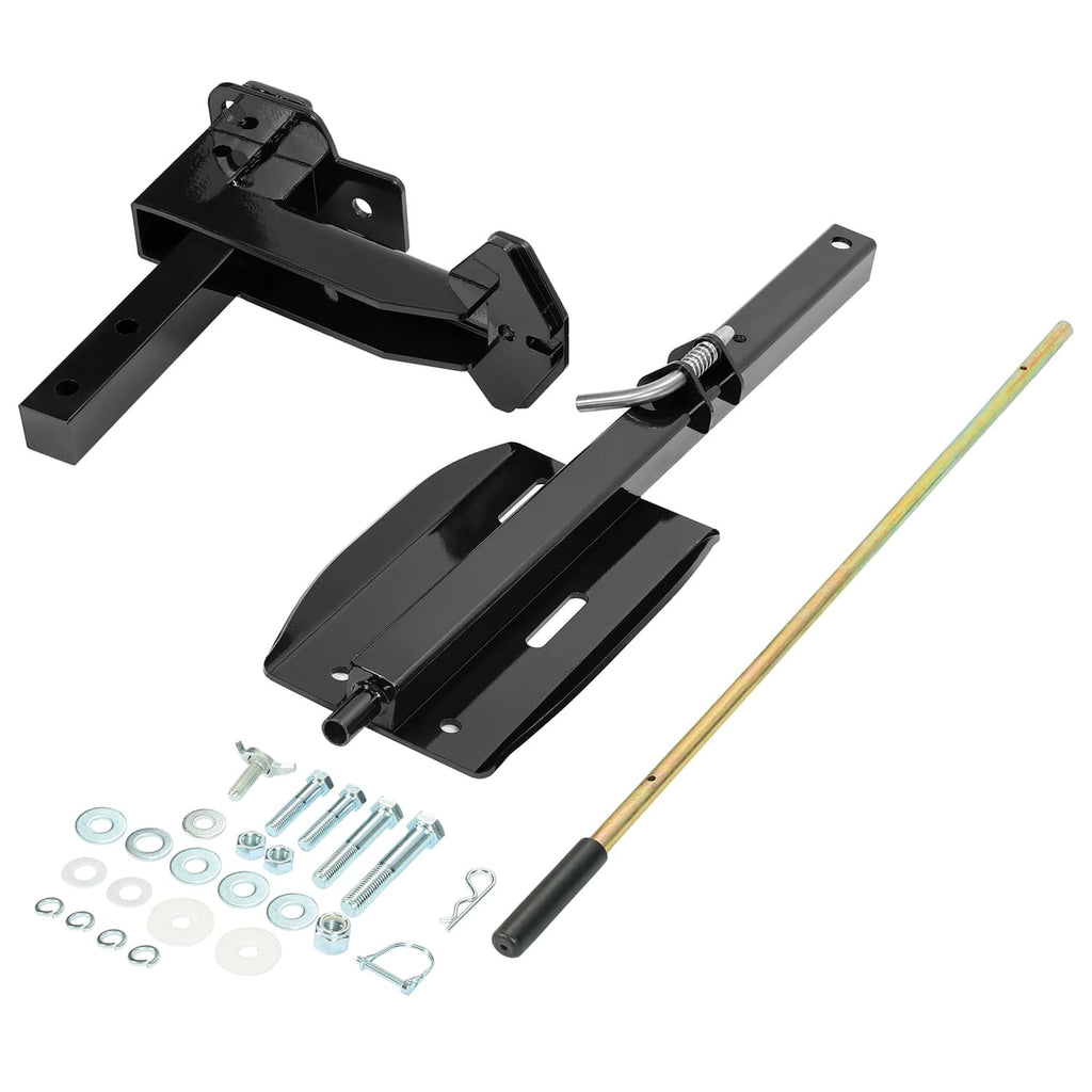 Black RV spare tire carrier assembly with mount arm, tire bracket, and threaded rod