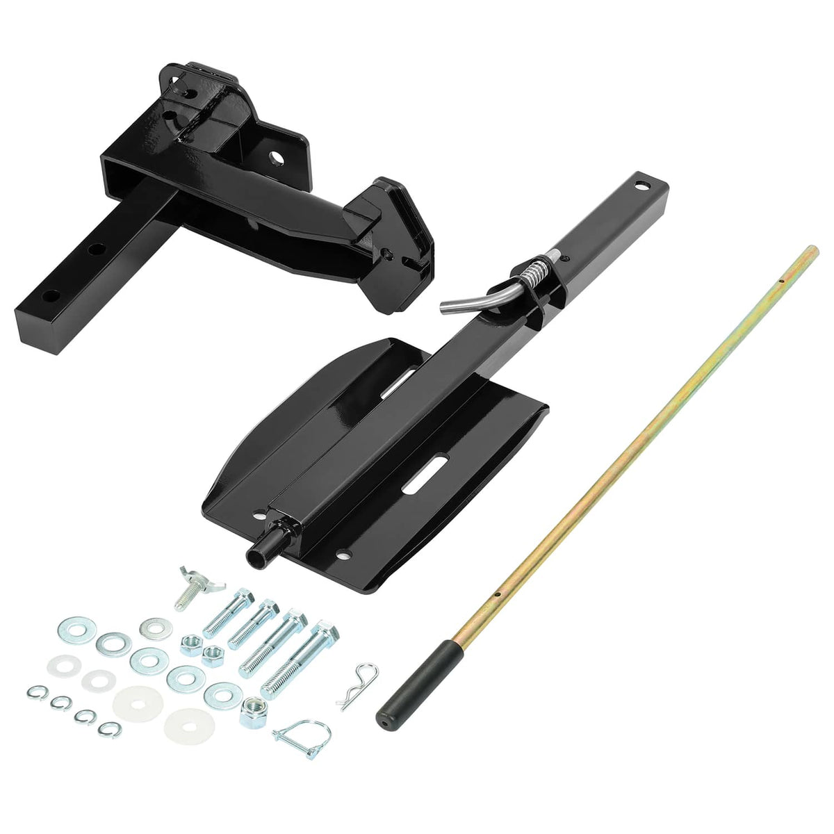 Black RV spare tire carrier assembly with mount arm, tire bracket, and threaded rod