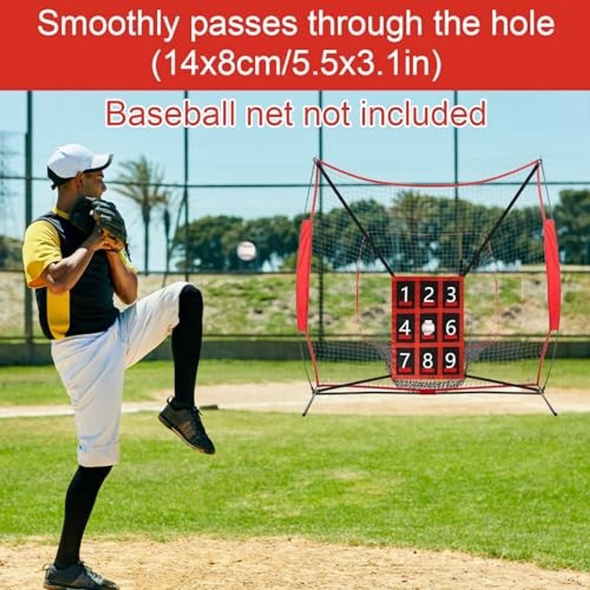 Baseball strike zone target net with center hole passing through marked 1–9
