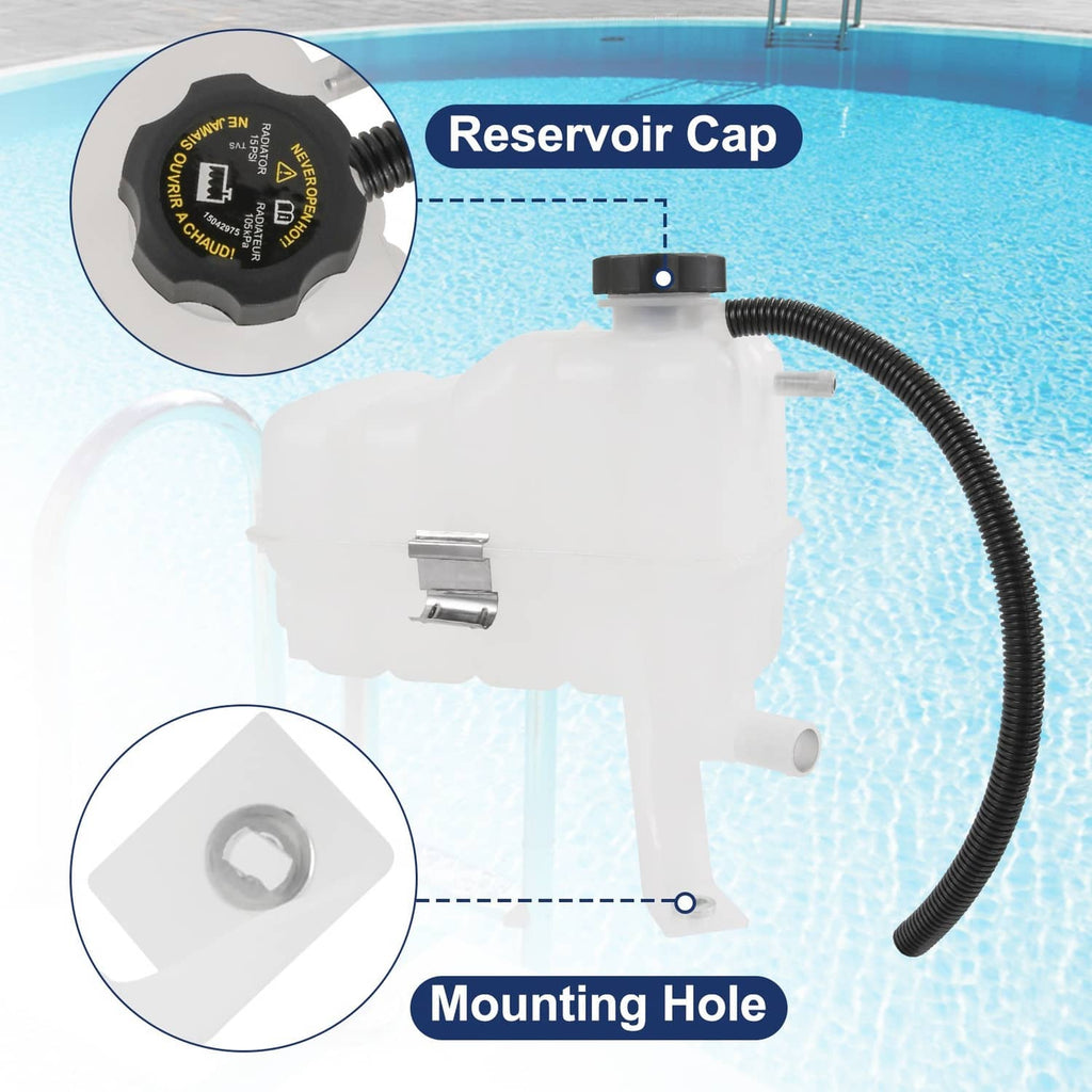 Coolant reservoir tank with black cap, mounting hole, and attached hose, white plastic