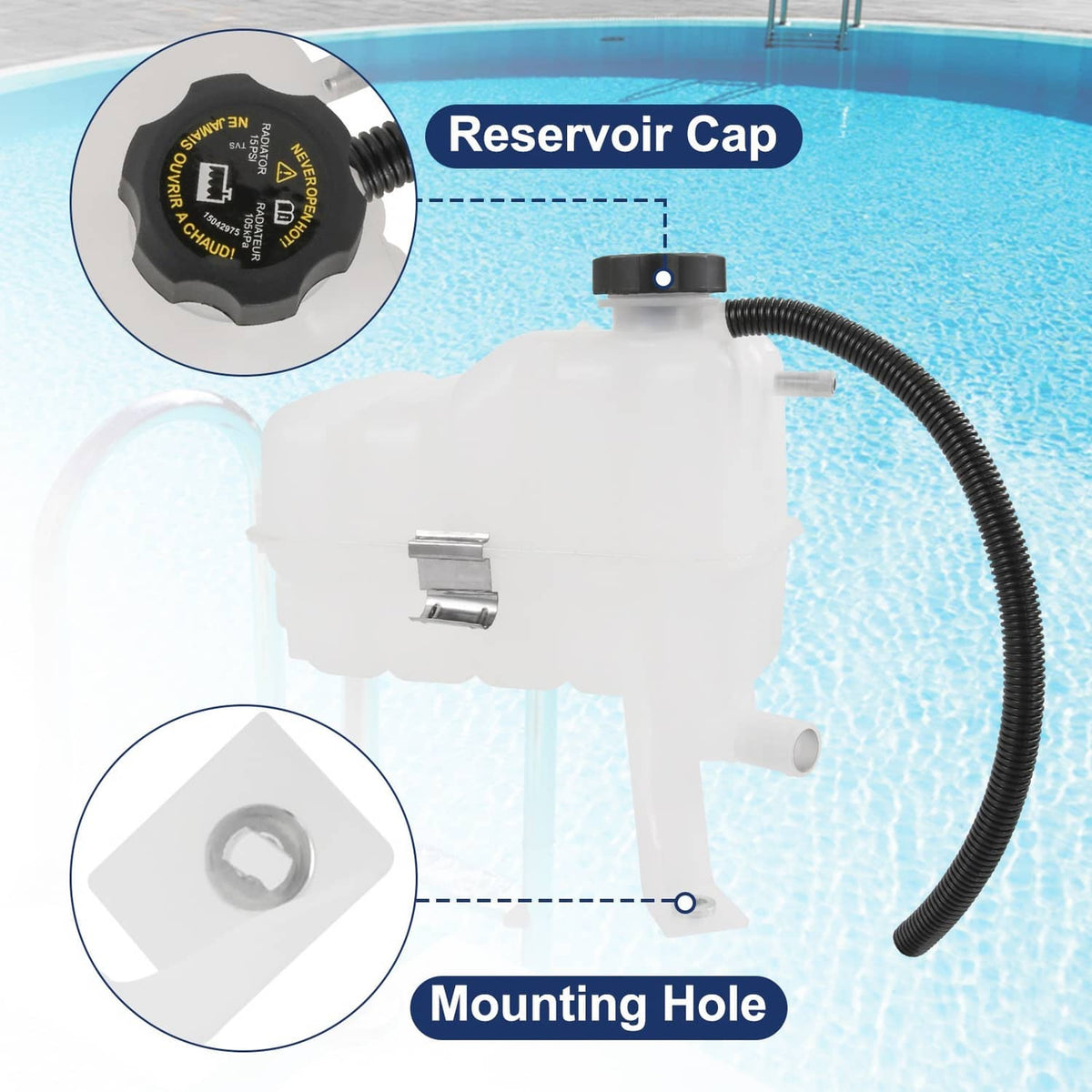 Coolant reservoir tank with black cap, mounting hole, and attached hose, white plastic