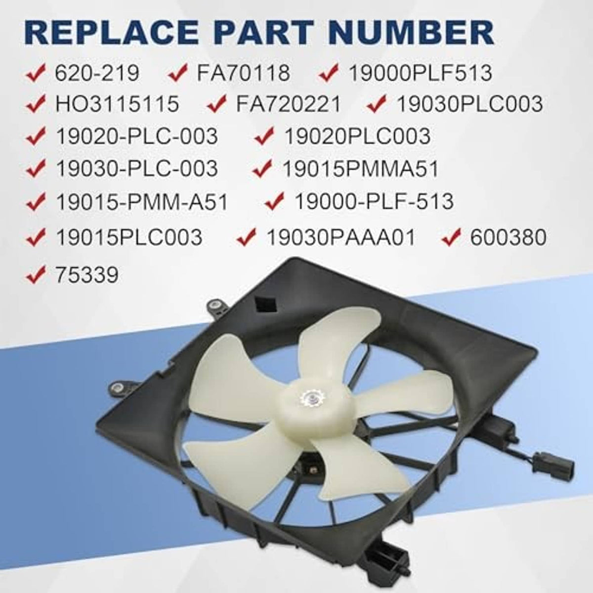 Engine radiator cooling fan assembly with black frame, white fan blades, and connector