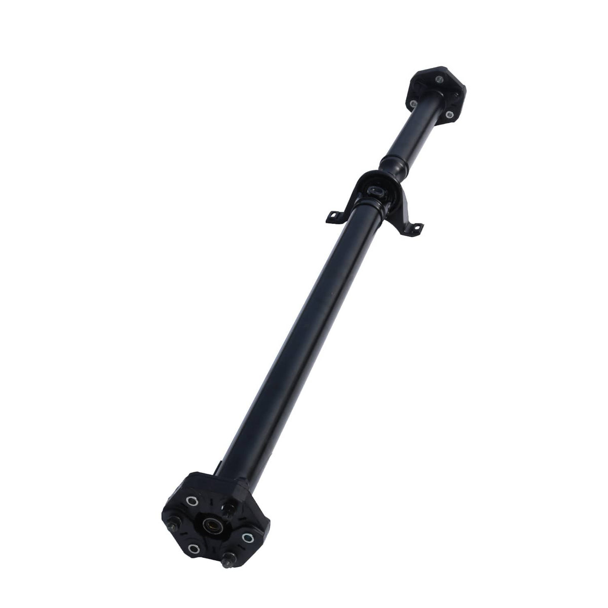 Black drive prop shaft with front bearing housing and mounting flange, angled view