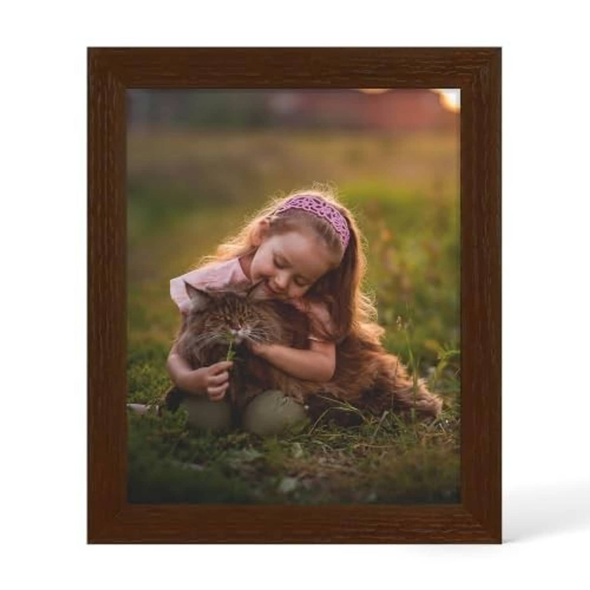 Walnut wood 8x10 picture frame with real glass and a portrait photo inside