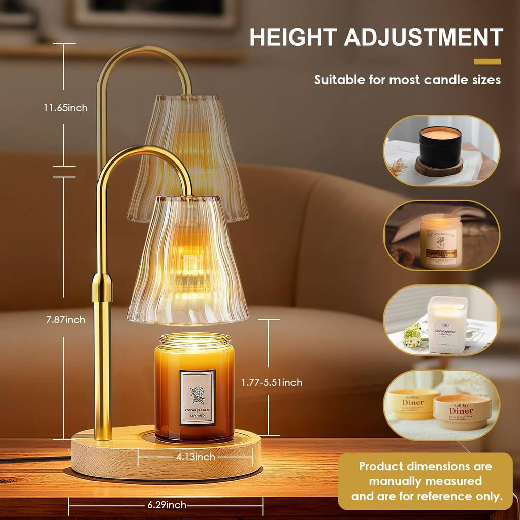 Luxmore candle warmer lamp with amber arched frame, fluted glass shade, and lit candle jar on wood base