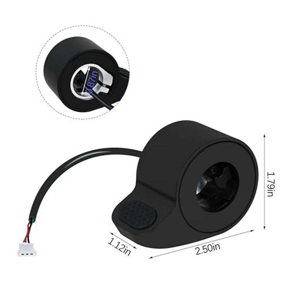Black thumb throttle with wiring harness, round mounting opening, and size markings