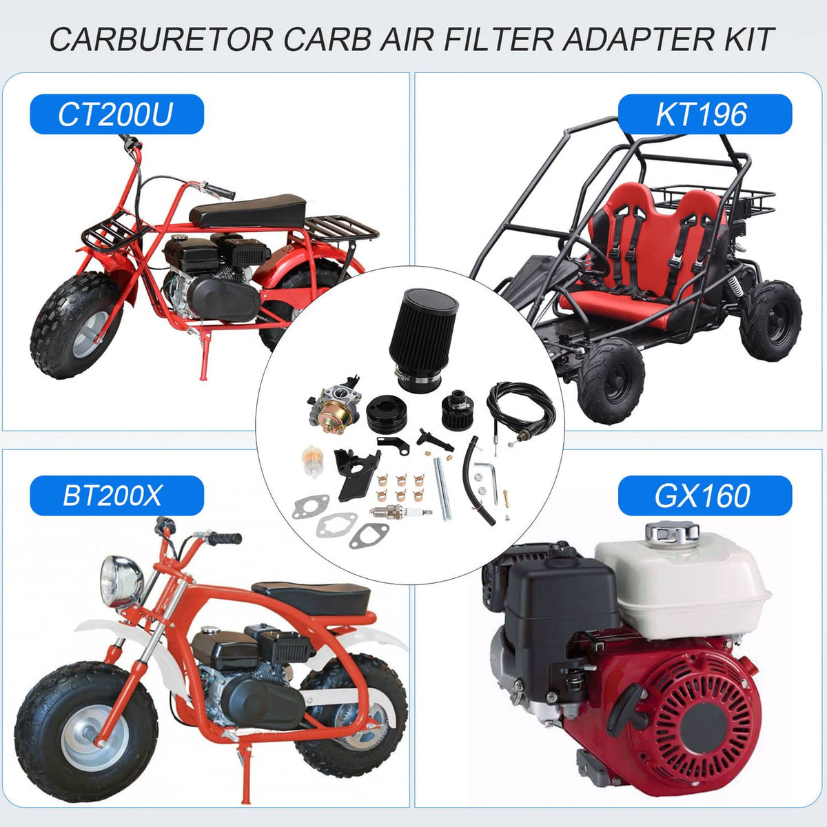 Carburetor air filter adapter kit with air filter, carburetor, and mounting hardware