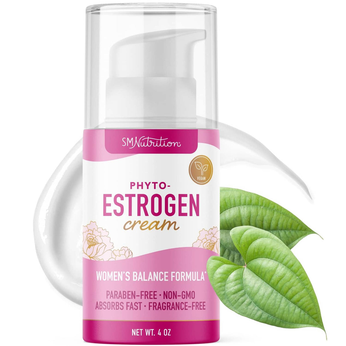 Phyto-estrogen cream bottle with pink label and clear cap, net wt 4 oz