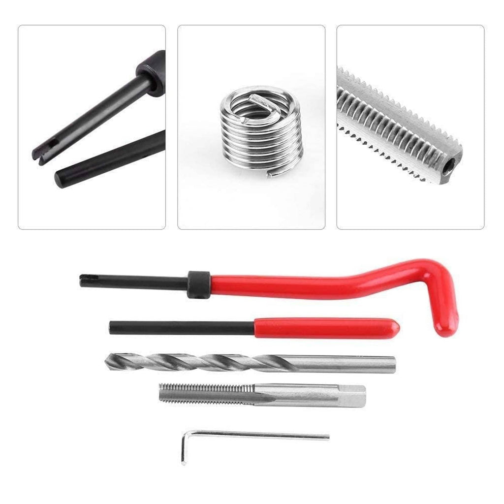 Thread repair tool set: red handle driver, taps, drill bits, and hex wrench