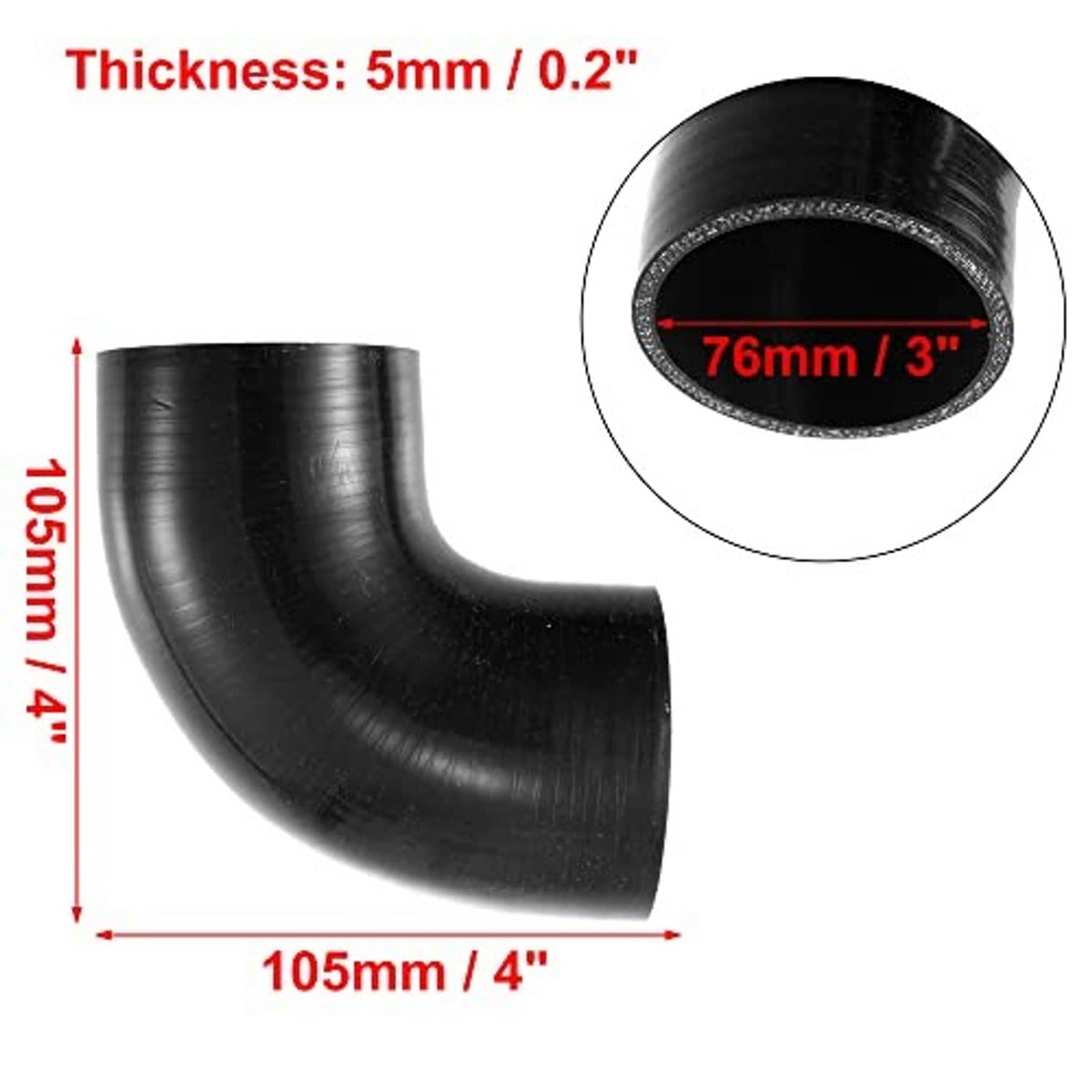 Black 90-degree silicone elbow reducer hose, 76mm ID, 5mm thickness, 105mm length