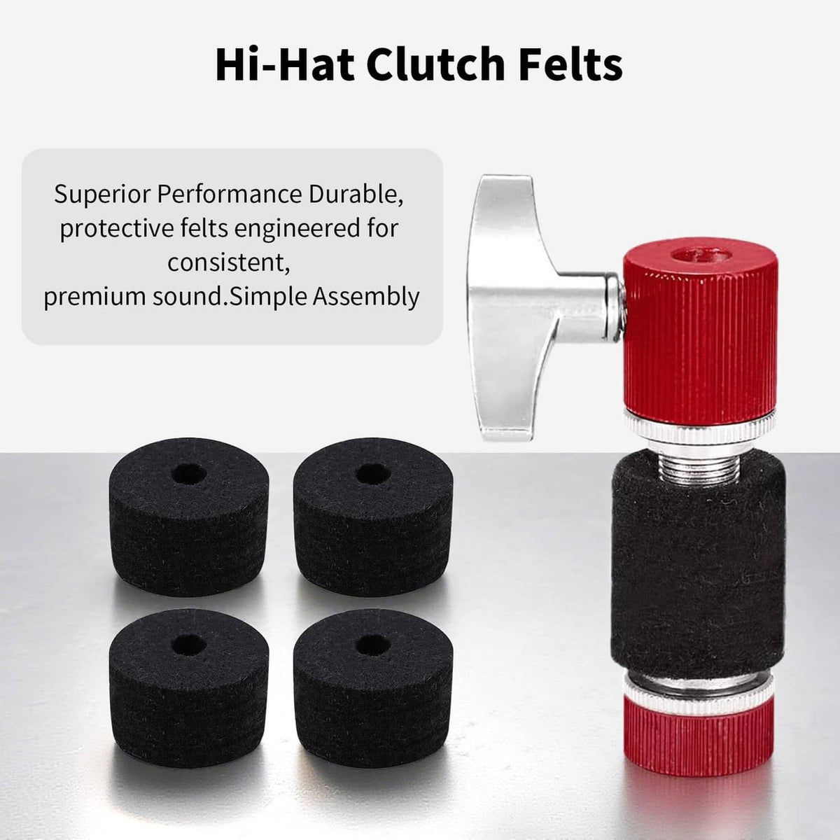 Hi-hat clutch felts: black foam pads with red caps and wing nut hardware