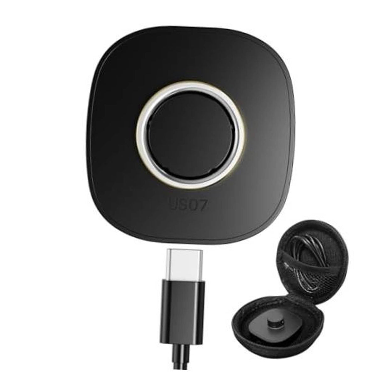 Black wireless charging case for Oura ring, with USB-C cable and carrying pouch