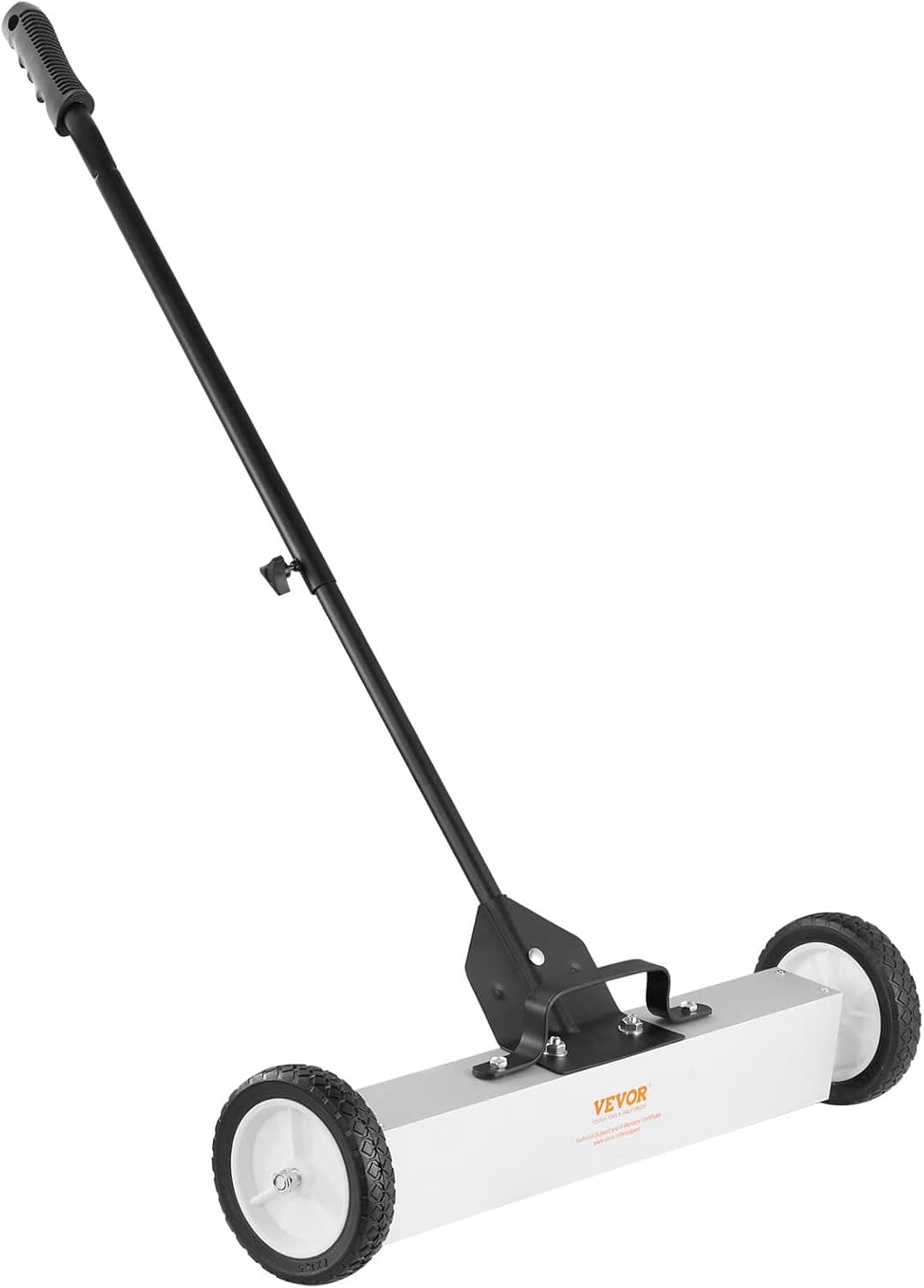 Side view of rolling magnetic sweeper with large wheels and black push handle