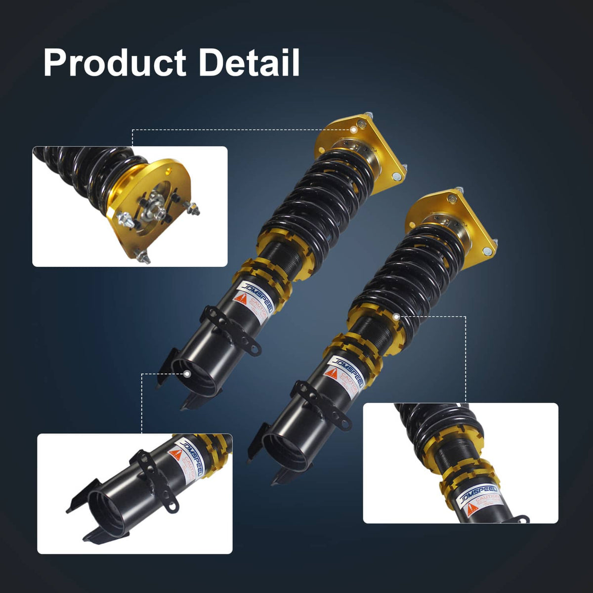 Gold top coilover shocks with black bodies, black springs, and detailed suspension parts