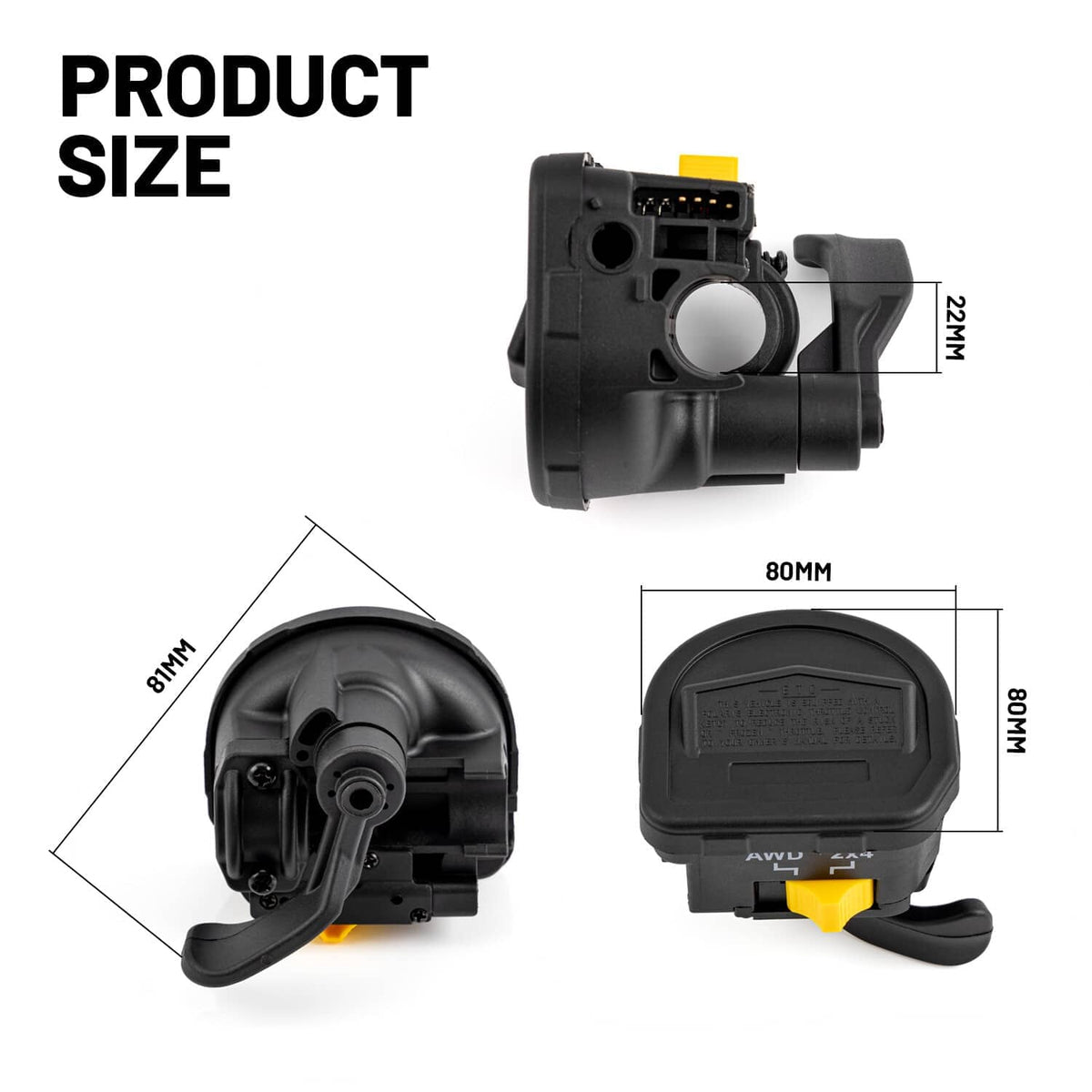 Thumb throttle lever with black housing, yellow insert, and AWD 2x4 label; side view