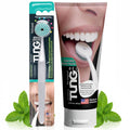 Tongue cleaning kit with tongue brush and mint gel tube, plus protective case packaging