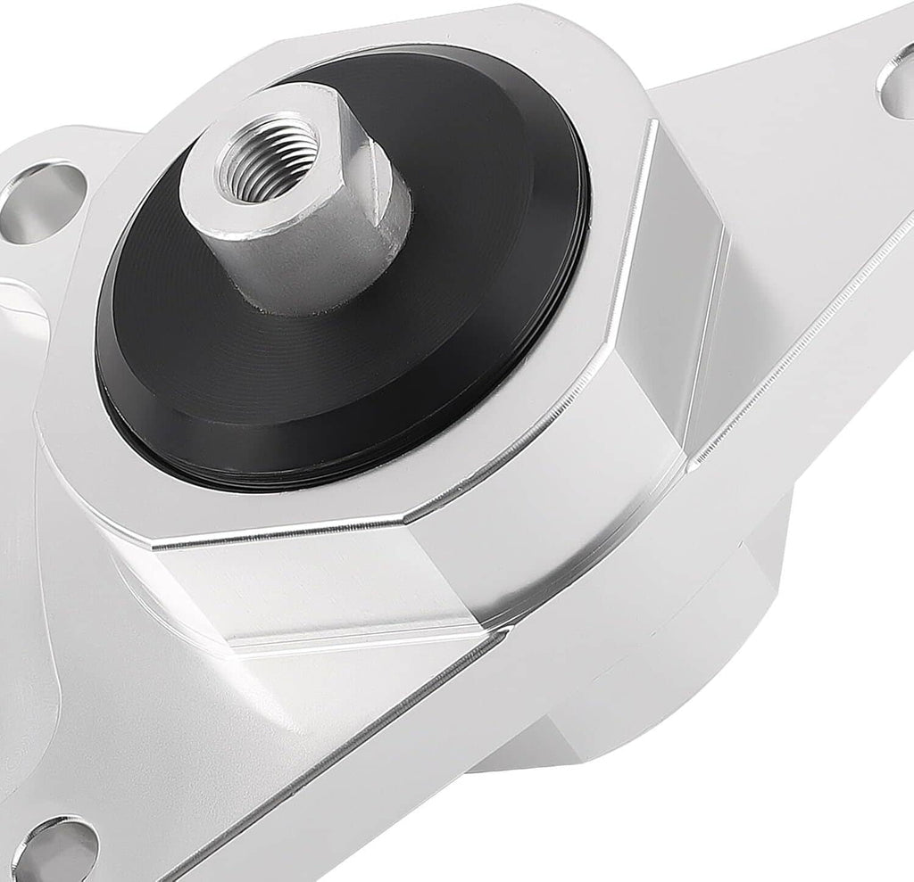 Close-up silver motor mount with black rubber bushing and centered threaded hole