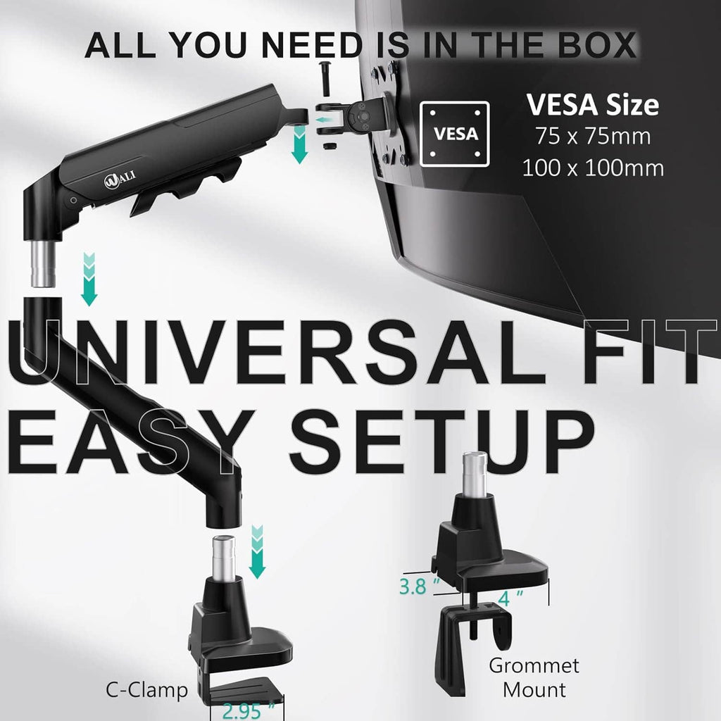 Monitor arm mounting kit with VESA plate, C-clamp, and grommet mount