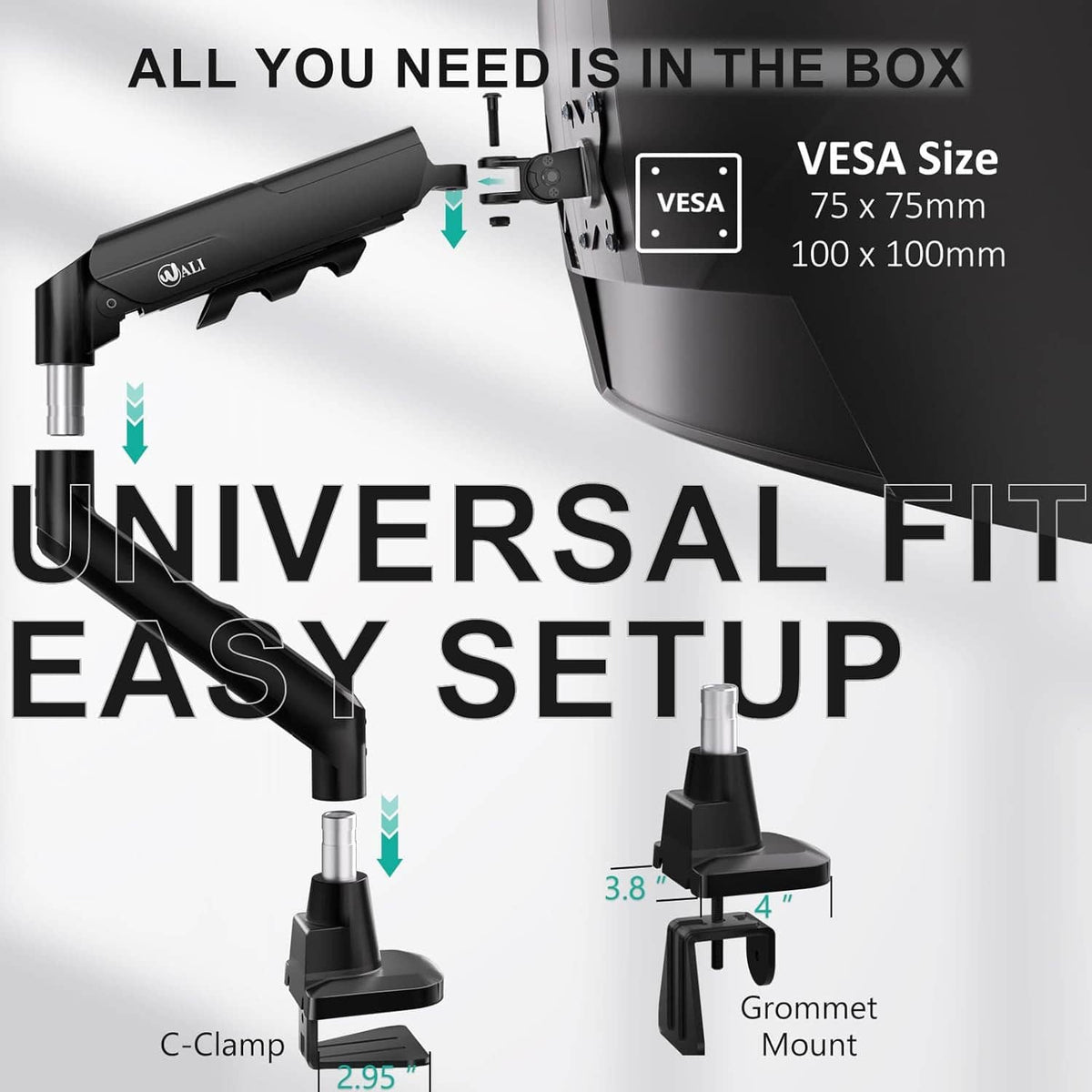 Monitor arm mounting kit with VESA plate, C-clamp, and grommet mount