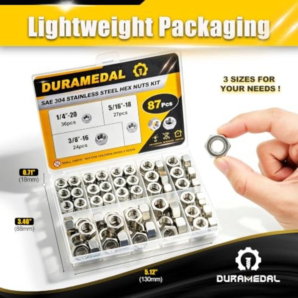 304 stainless steel hex nut set, shiny silver nuts in packaging tray