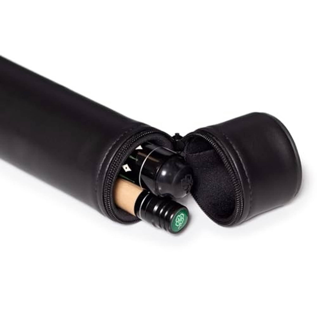 Open end of black cue case showing padded interior and cue holders