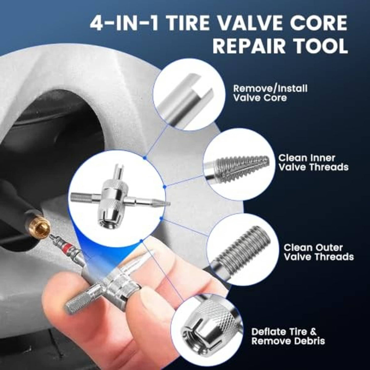 4-in-1 tire valve core repair tool with metal wrench for removal and installation