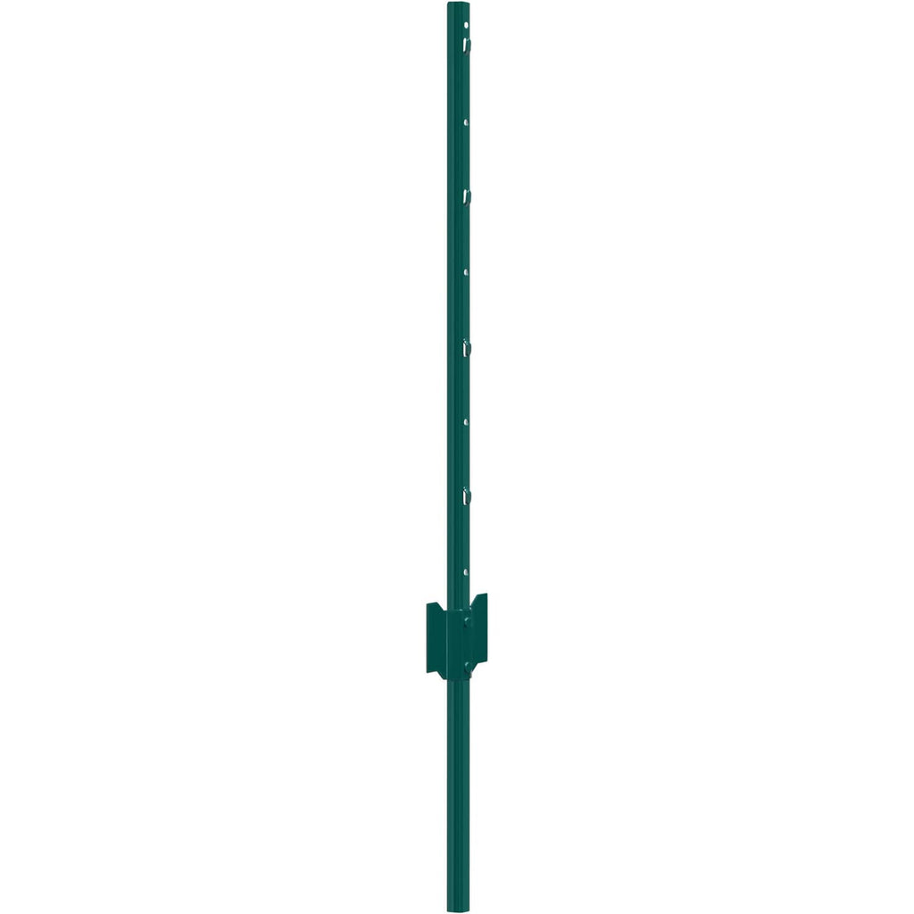 Green metal fence post with fixed anchor base and evenly spaced mounting holes
