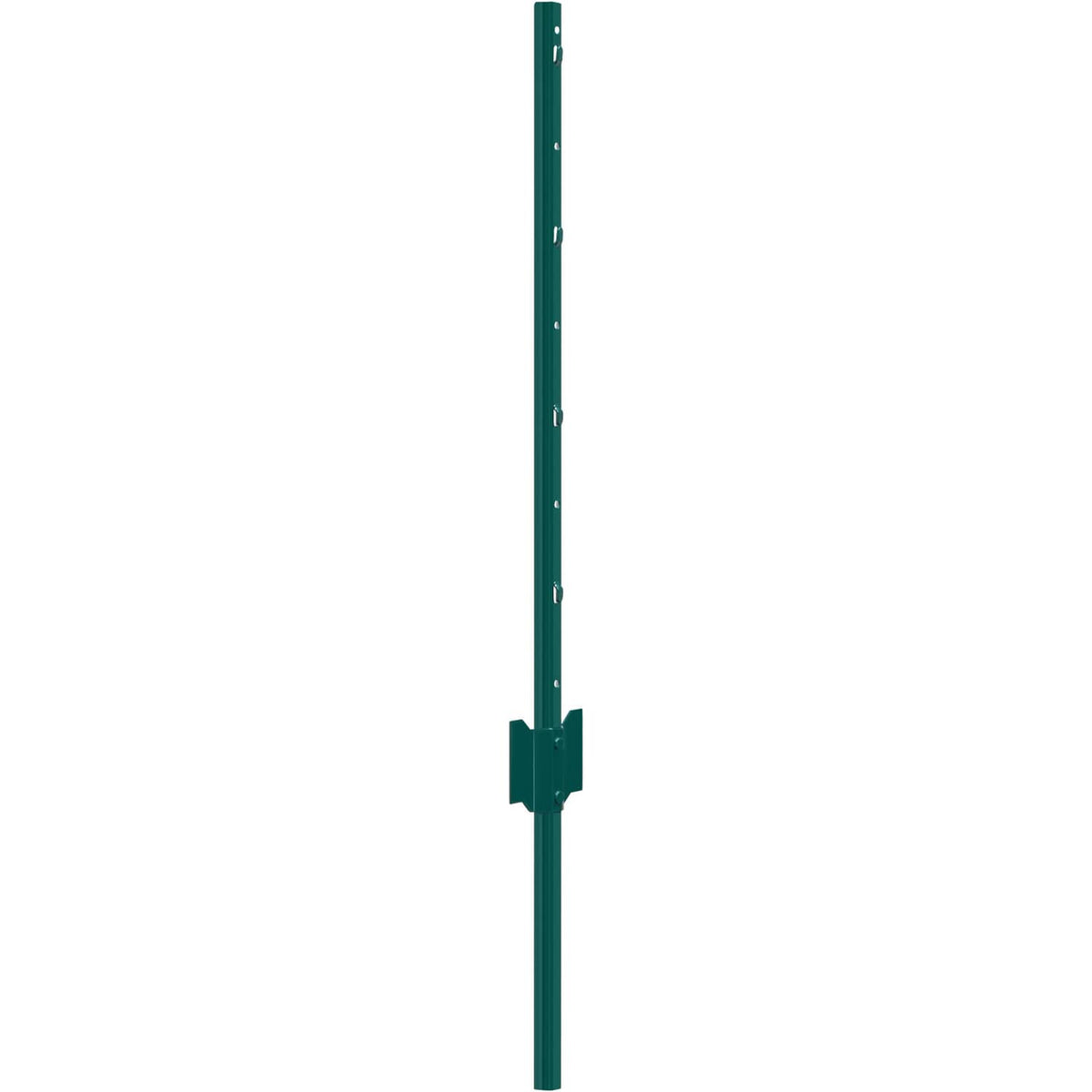 Green metal fence post with fixed anchor base and evenly spaced mounting holes