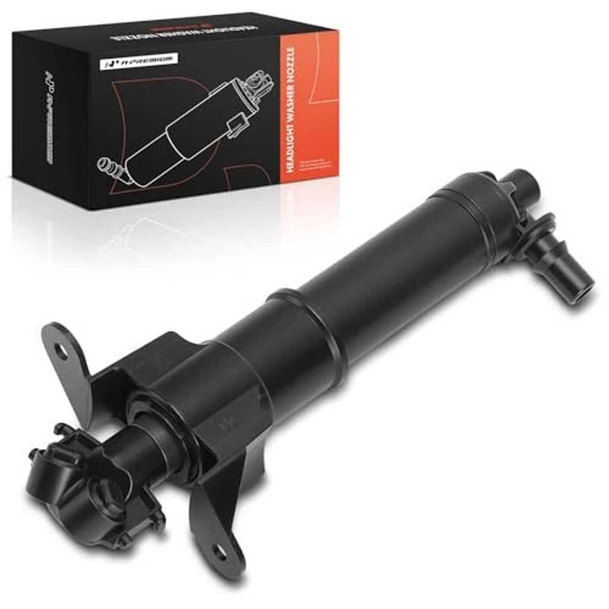Headlight washer nozzle assembly with mounting bracket, shown with product box