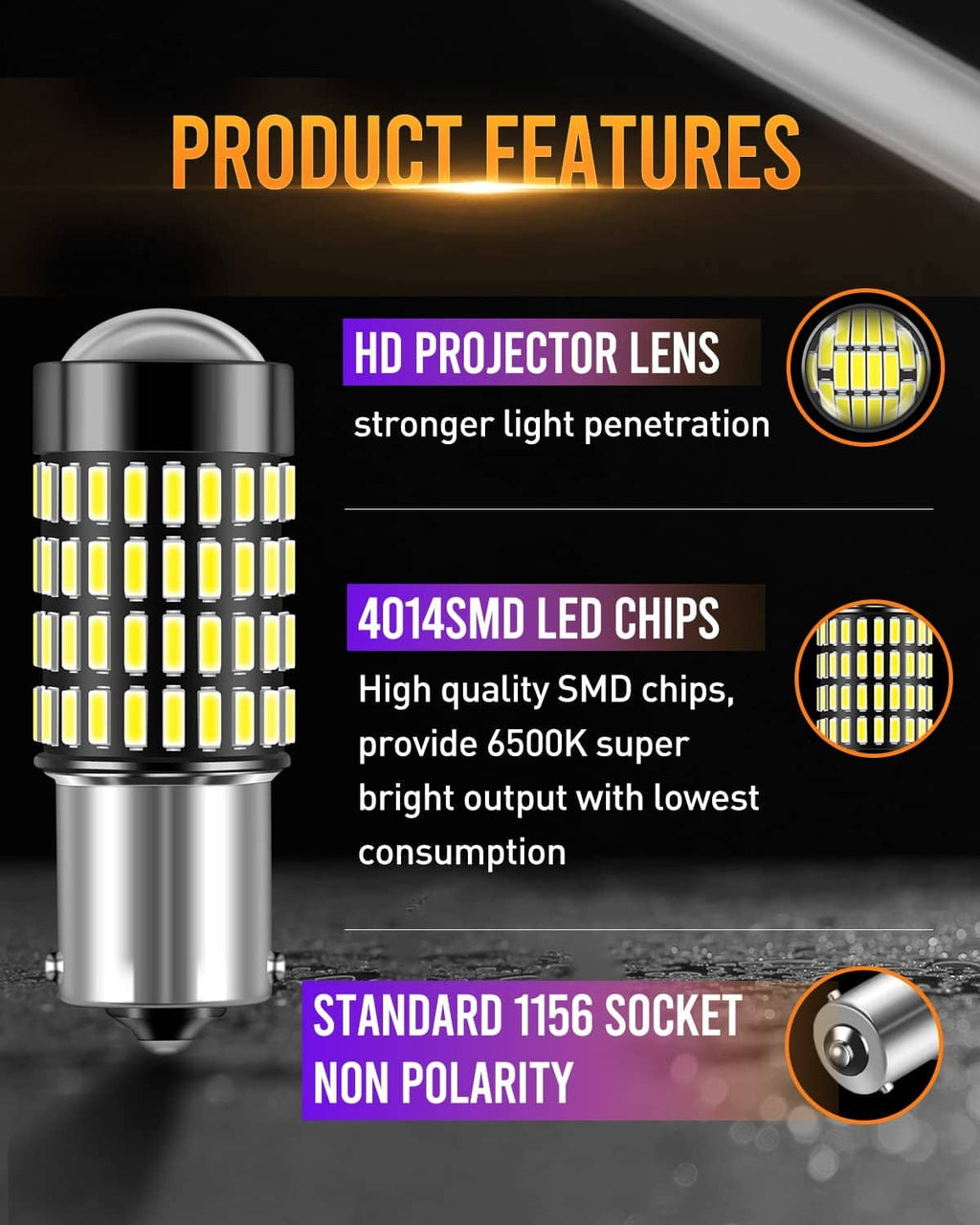 Silver LED bulb showing base and projector lens with yellow LED chip grid