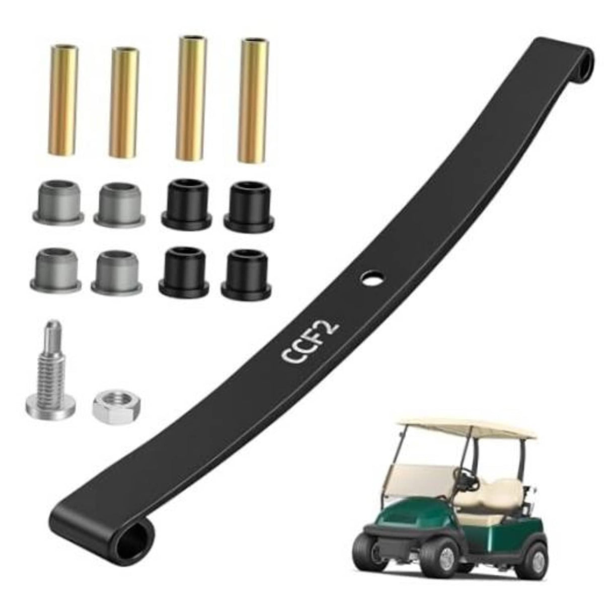 Black front leaf spring bar with mounting bushings and bolt hardware kit