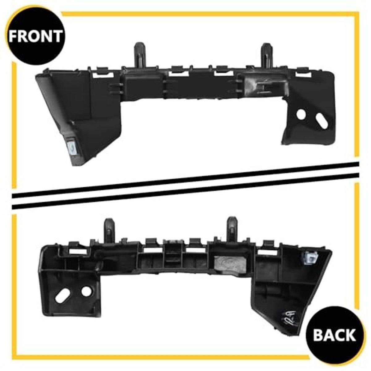 Front and rear views of black bumper cover support retainer bracket pair