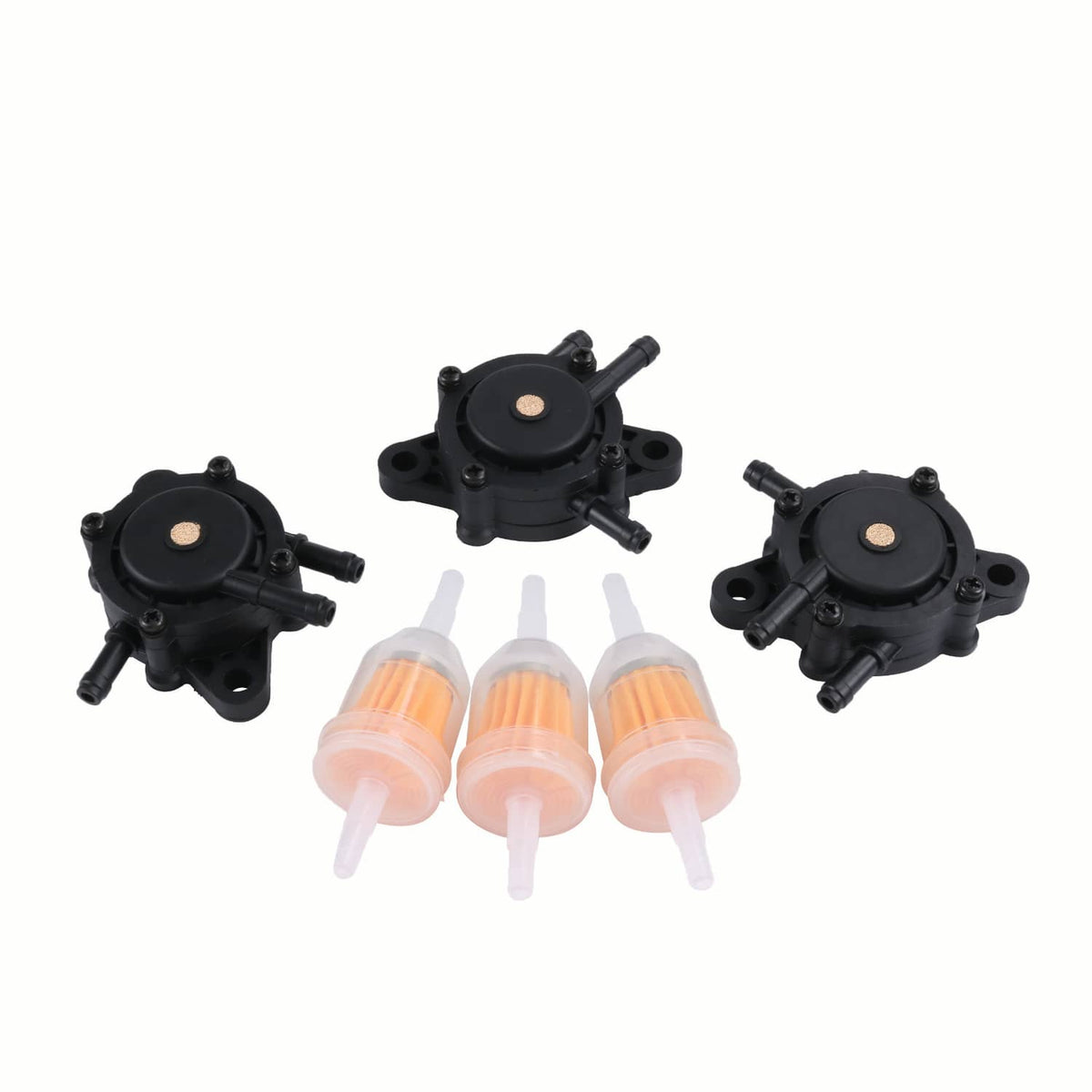 Three black diaphragm fuel pumps with clear orange inline fuel filters and outlet tubes