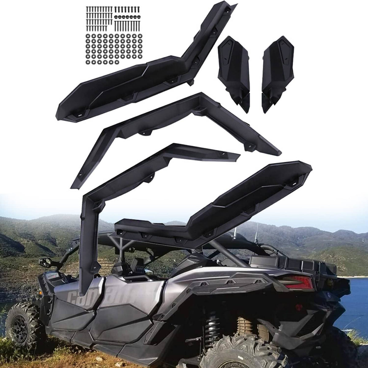 Black UTV fender flare kit with multiple panels and mounting hardware