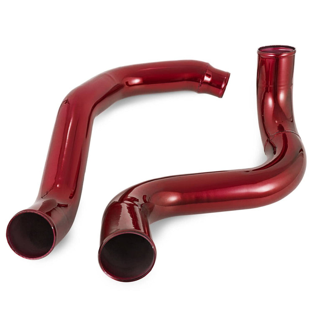 Red turbo intercooler pipe pair with curved elbows and open ends