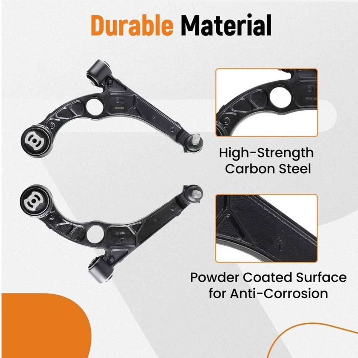 Black suspension control arms with ball-joint ends and powder-coated steel frame