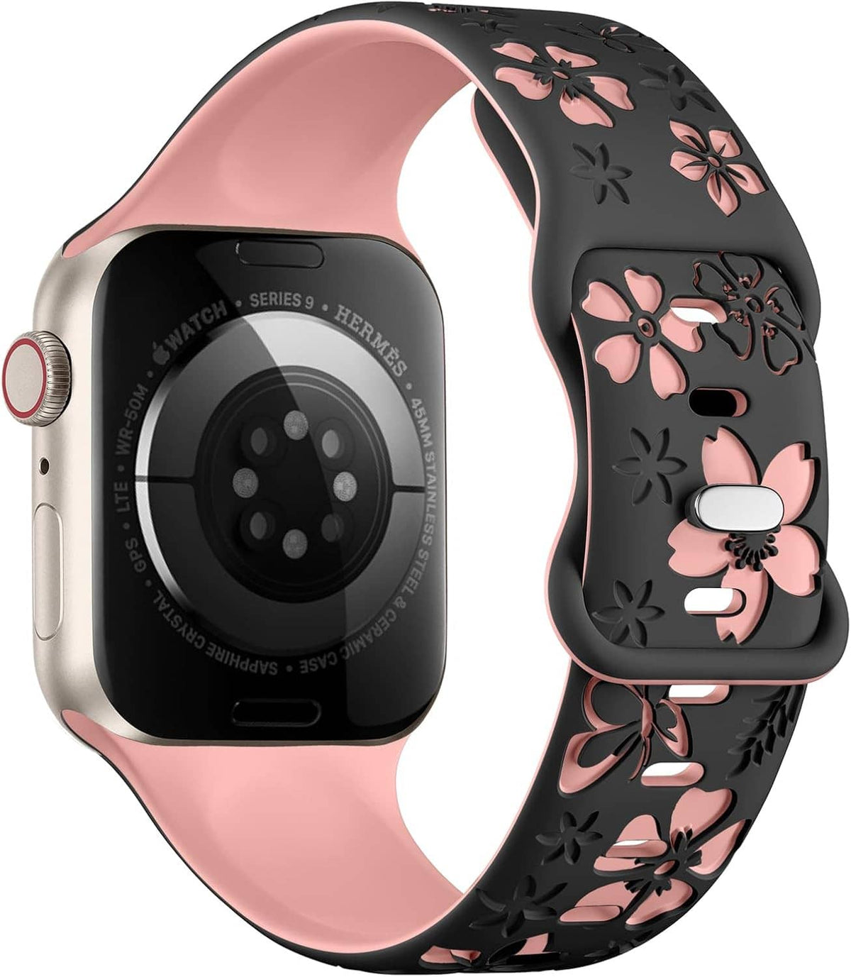 Floral engraved smartwatch band in black with pink flowers; watch face shown side view