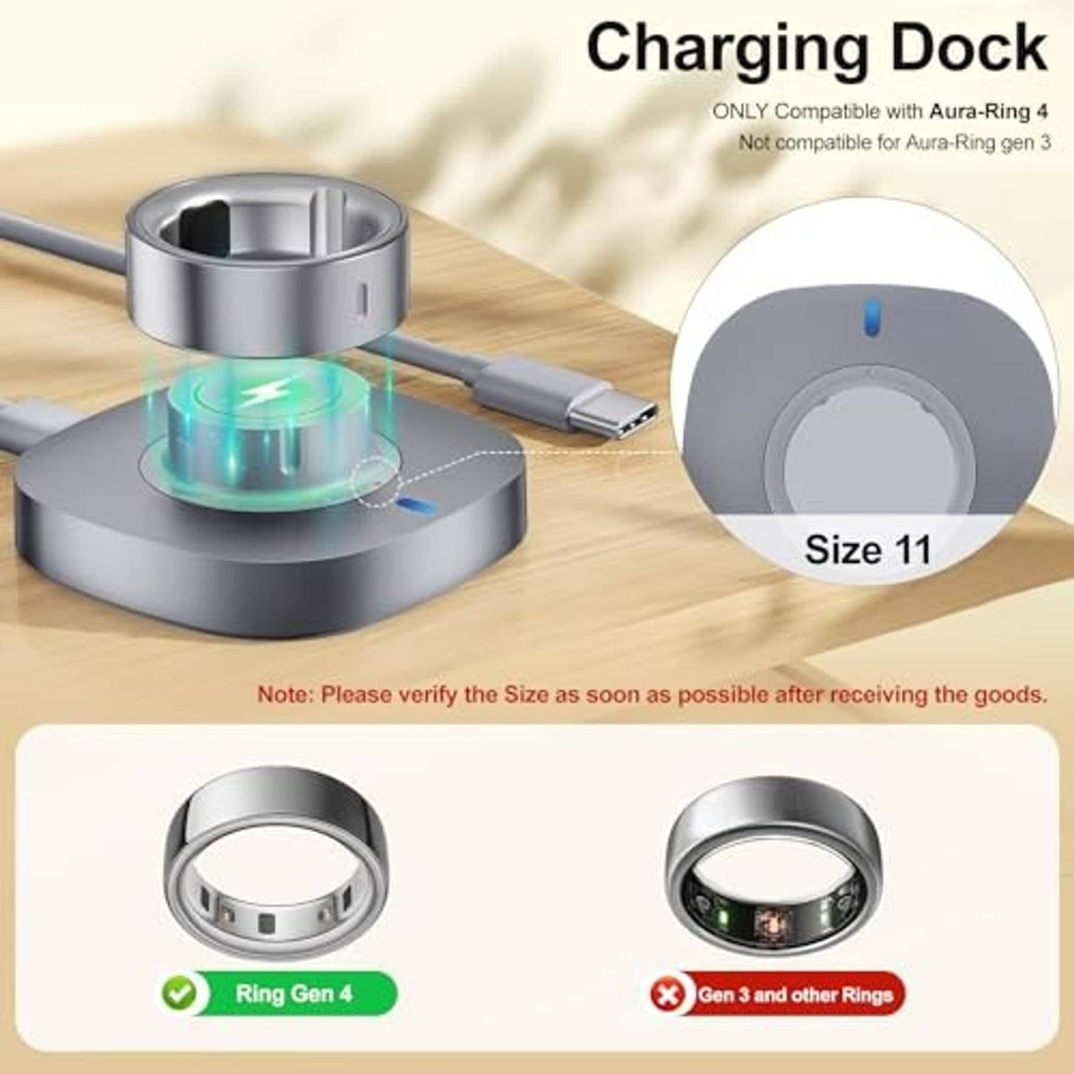 USB-C charging dock showing size-11 charging ring area