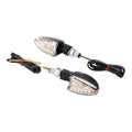 Mini LED turn signal pair with black stalk mounts and clear lenses, included wiring leads