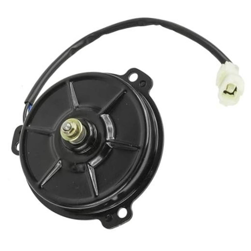 Black radiator cooling fan motor with white electrical connector and power wires
