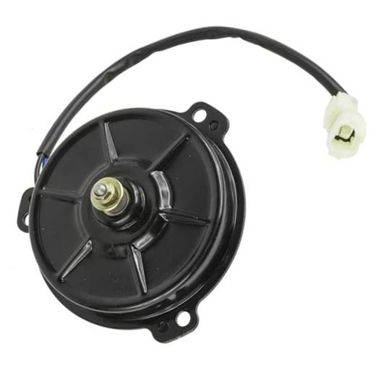 Black radiator cooling fan motor with white electrical connector and power wires