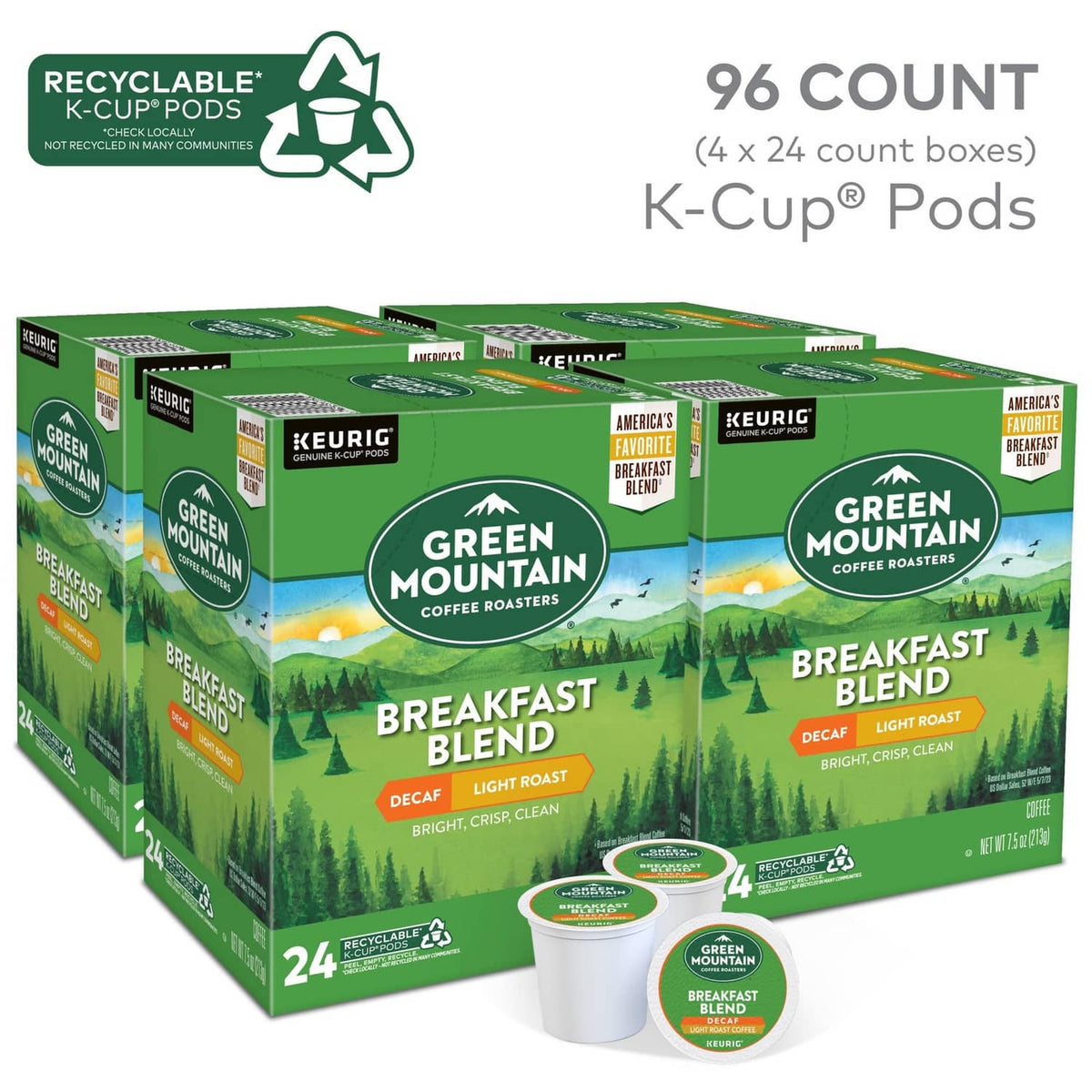 Pack of Green Mountain breakfast blend decaf K-Cup pods with pod cups