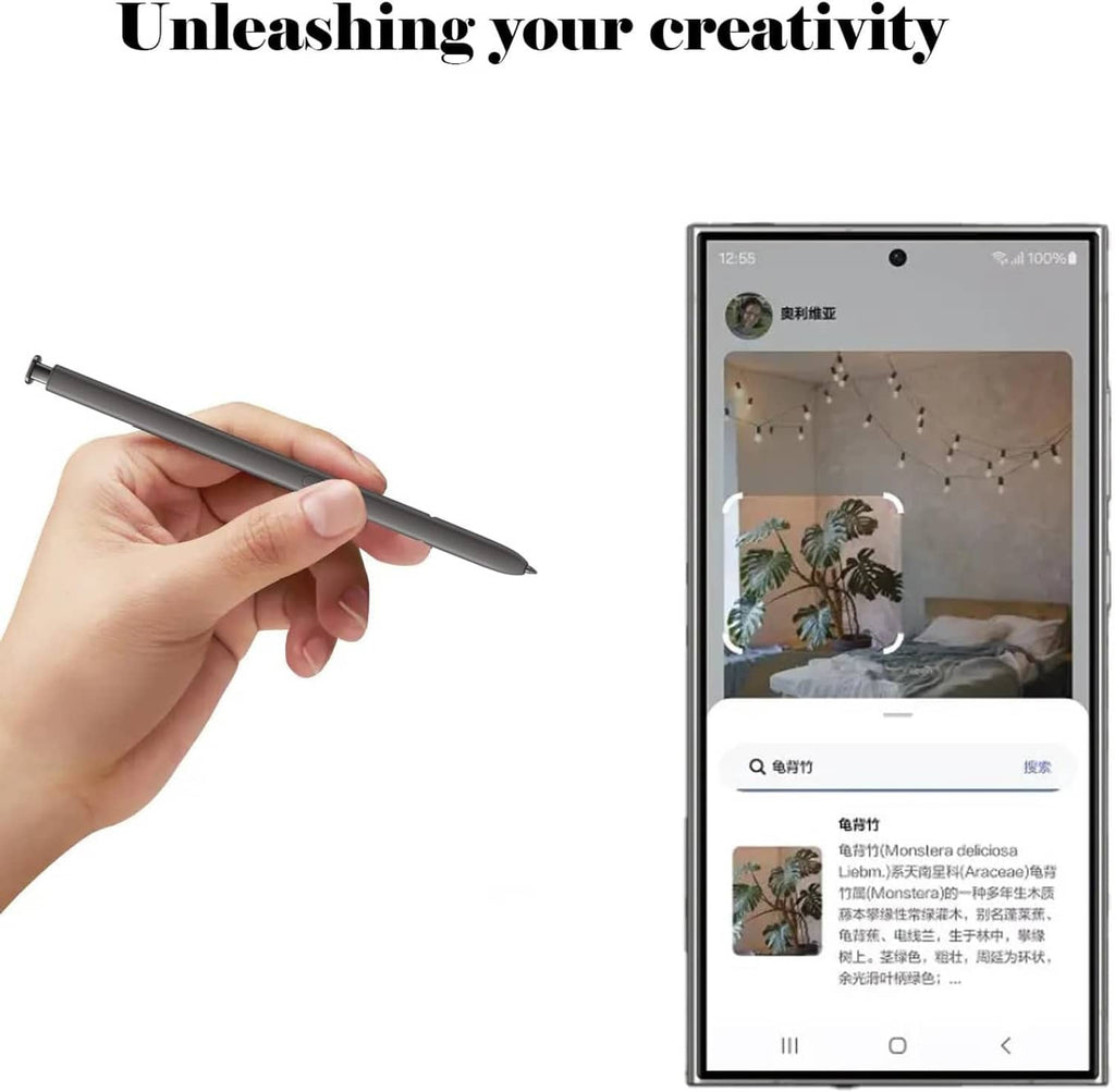Hand holding dark gray stylus pen beside tablet display with photo thumbnail