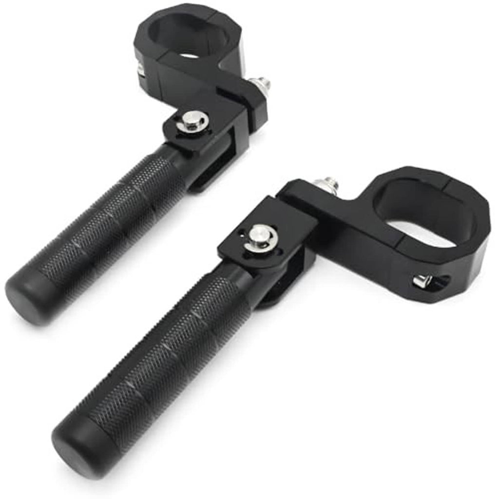 Black motorcycle rear footrest pedals with textured grips and adjustable clamp brackets