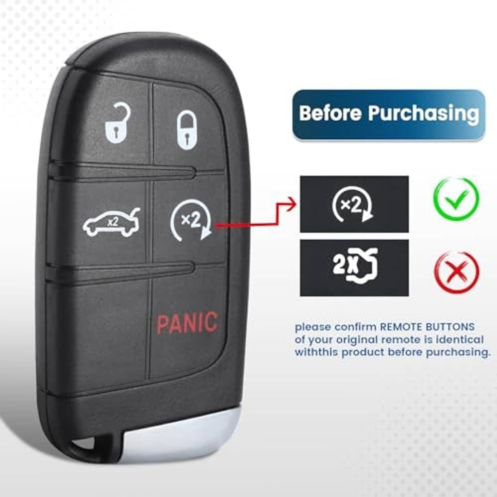 Black car key fob rear buttons with red “PANIC” label and programming comparison graphic