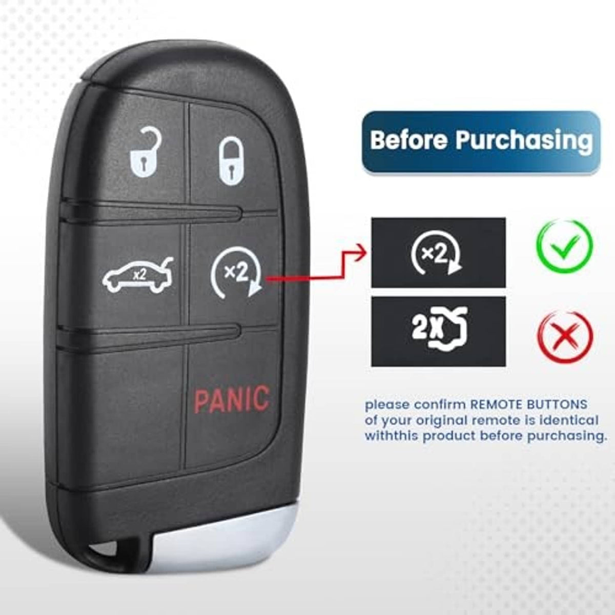 Black car key fob rear buttons with red “PANIC” label and programming comparison graphic