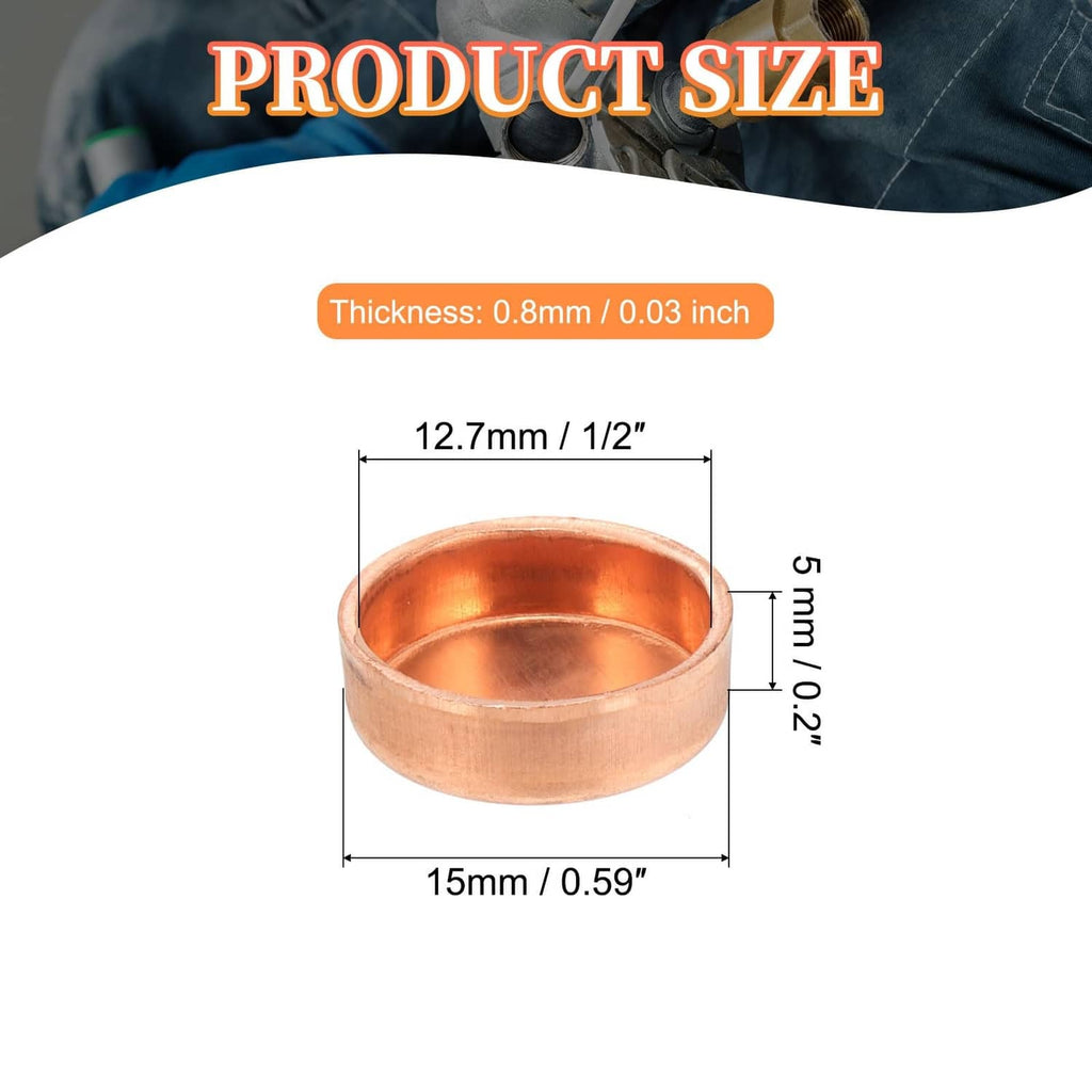 Copper pipe end cap with 1/2 in ID dimensions, 0.8 mm thick copper cap