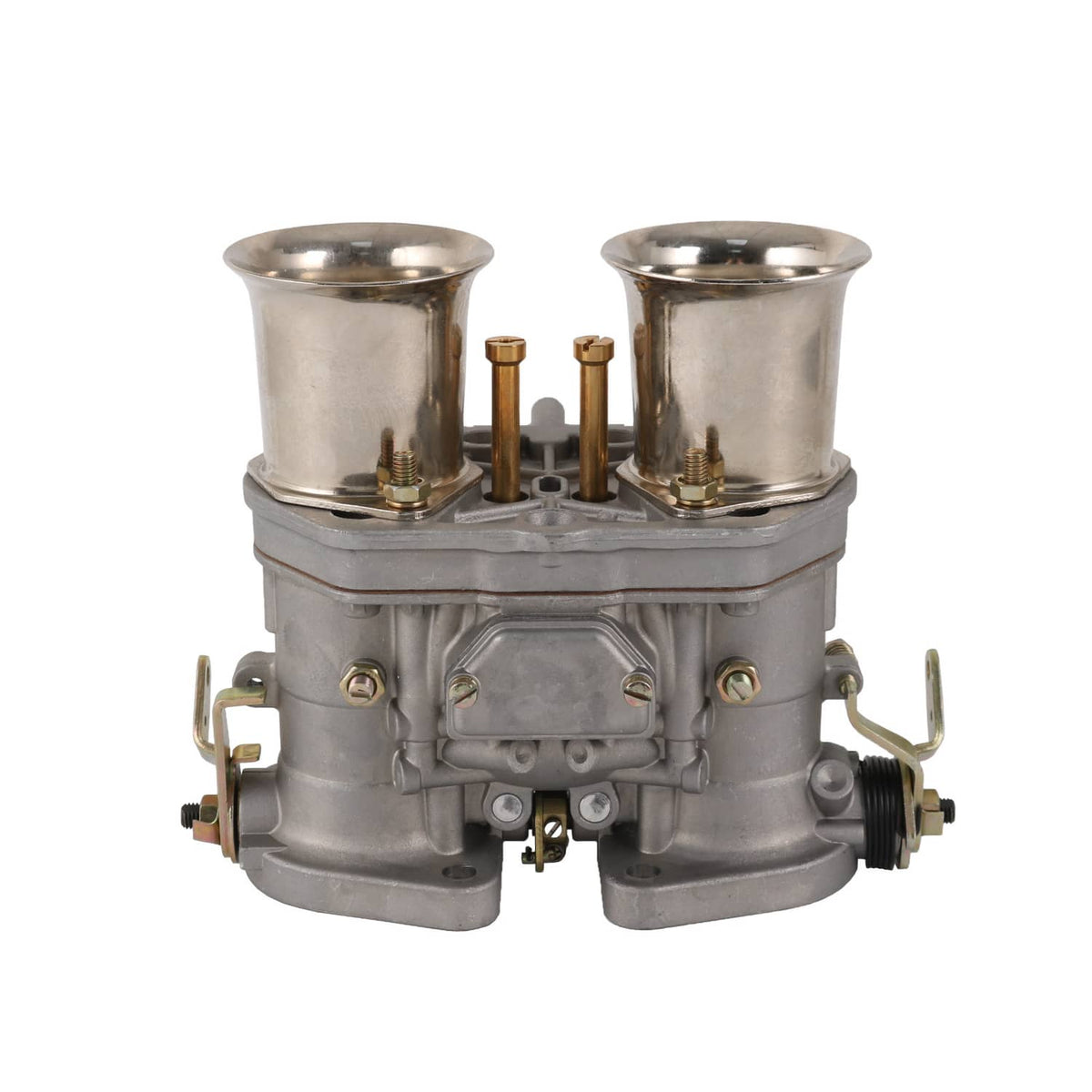Dual-barrel carburetor with two chrome air horns; centered front view