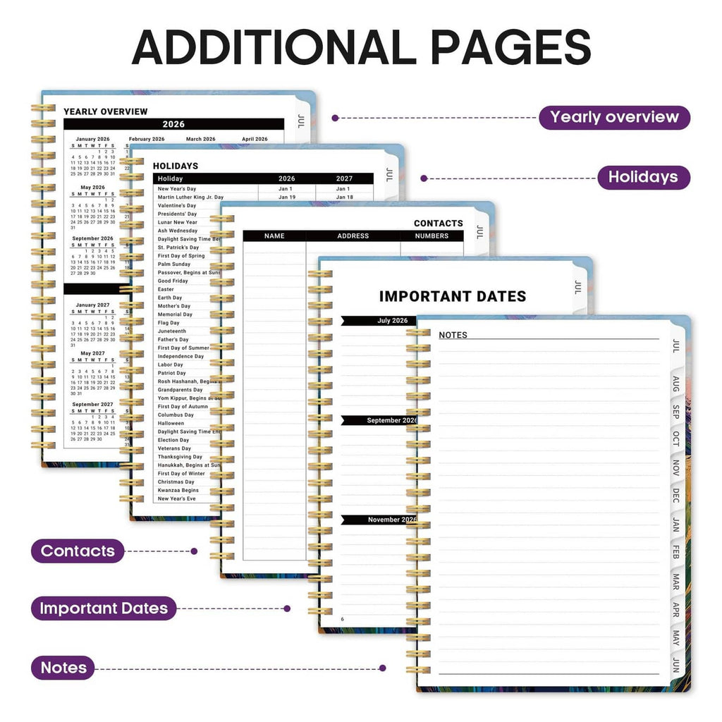 Academic planner additional pages with contacts and important dates sections